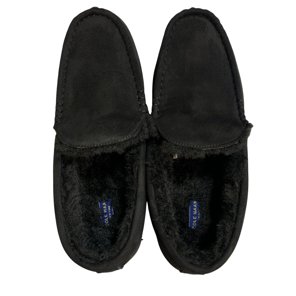 NWT Cole Haan Men's 11 Black Premium Slipper Moc Toe Loafer Textile Faux Fur